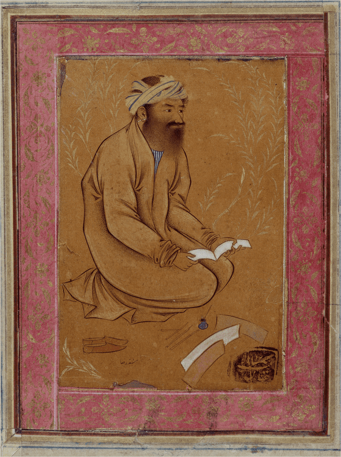 Single-page painting of seated scribe, Iran, around 1600